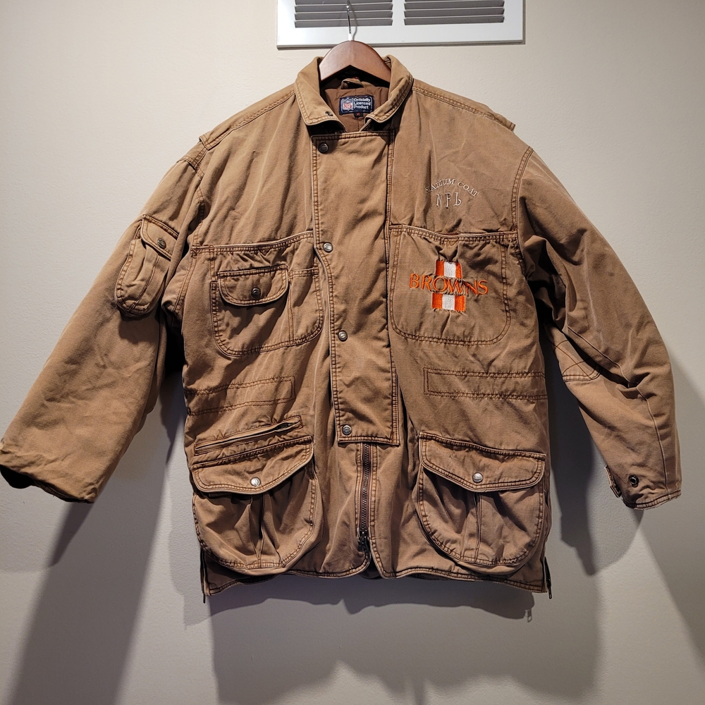Vintage 90s Cleveland Browns NFL Canvas Stadium Barn Jacket Medium Tan Workwear